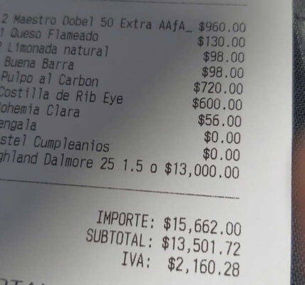 Restaurante vende shot de whisky en 13 mil pesos a comensal